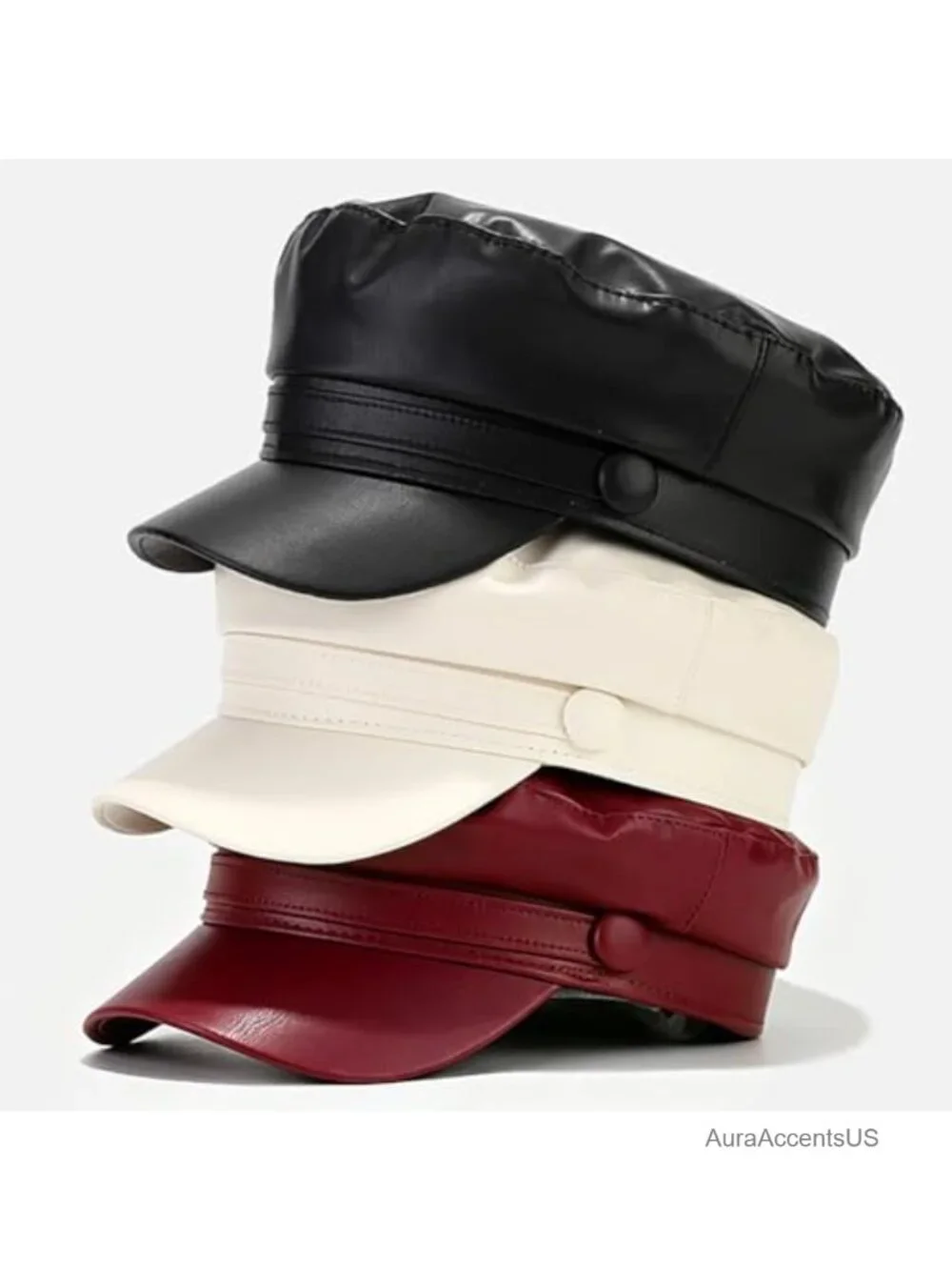 PU Leather Newsboy Cap Vintage Military Flat Top Beret Hat Women
